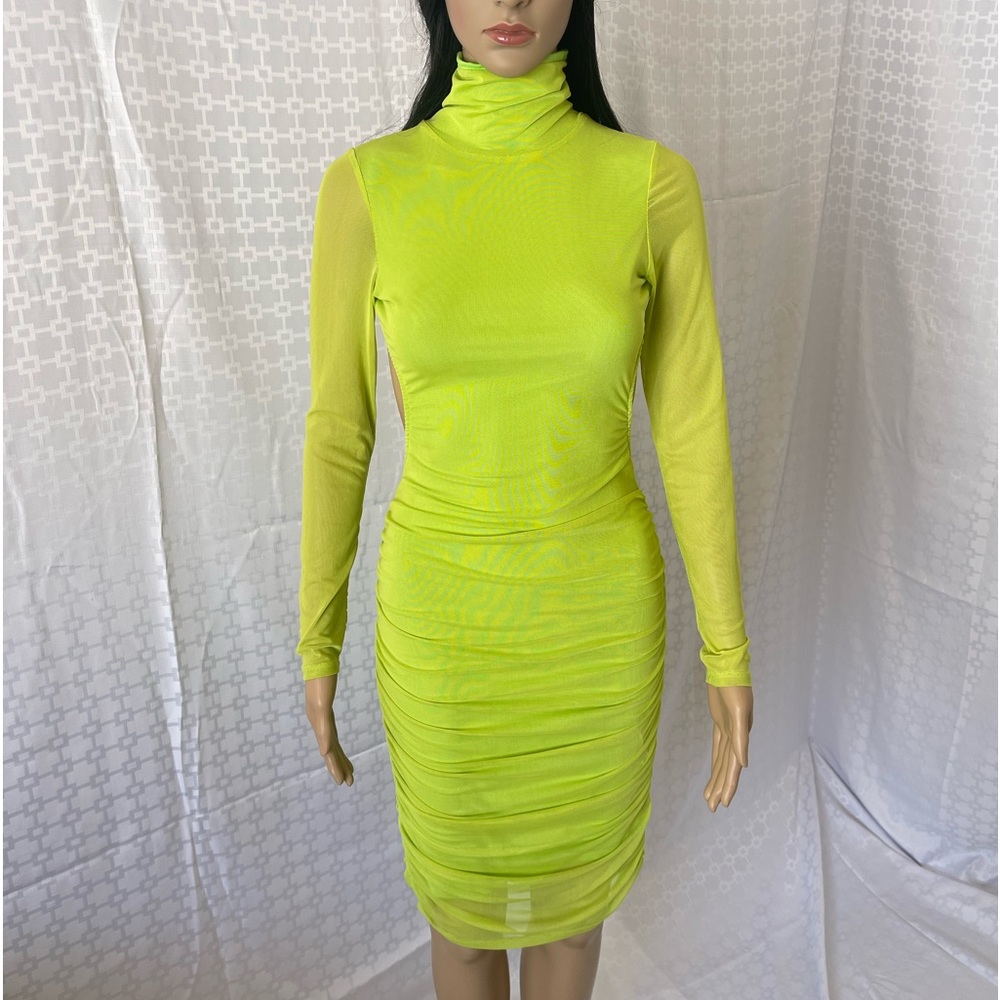 Backless Neon Green Knee Length Dress w/ Slit in back
